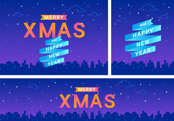 Fototapeta na wymiar Merry xmas banners set for christmas celebration and new year greetings concept vector illustration for celebrating the holiday and promotion. Gradient xmas posters on violet urban city background