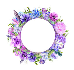 Flowers, feathers, ornament. Floral wreath. Watercolor in boho chic style
