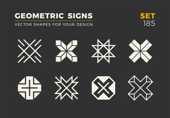 Set of eight minimalistic trendy shapes. Stylish vector logo emblems for Your design. Simple universal geometric signs collection. - obrazy, fototapety, plakaty
