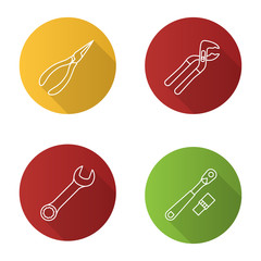 Construction tools flat linear long shadow icons set