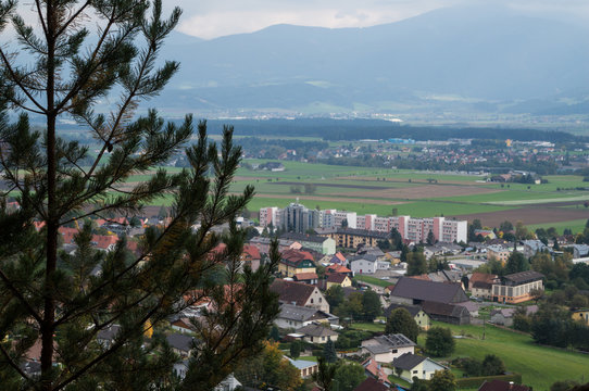 The Mur river valley seen from a hill overlooking the village of Fohnsdorf, Austria