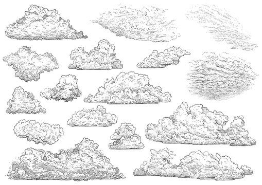 Cloud illustration, drawing, engraving, ink, line art, vector
