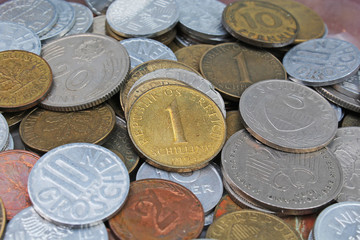Old invalid coins from europe. History coins texture pattern Money coins background. Filler...