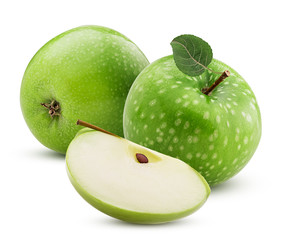 Two green apples one slice with leaf