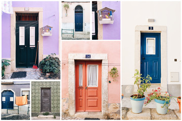 Fototapeta na wymiar Collage of different old colrful house entrances in Portugal