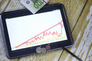 The graph of income growth. Electronic tablet with a graph of gr