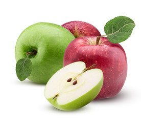 Red and green apples one cut in half with leaf with water drops
