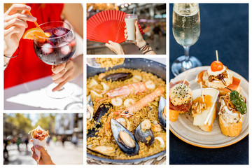 Collage of spanish traditional cuisine. Sangria and Horchata drink, Paella Pinchos and Hamon snacks