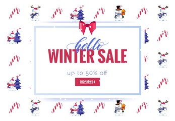 Hello winter sale poster. Beautiful winter background with holiday symbols and frame. Voucher discount. Vector illustration