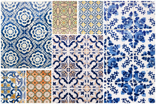 Beautiful collage of different traditional portuguese tiles called azulejos