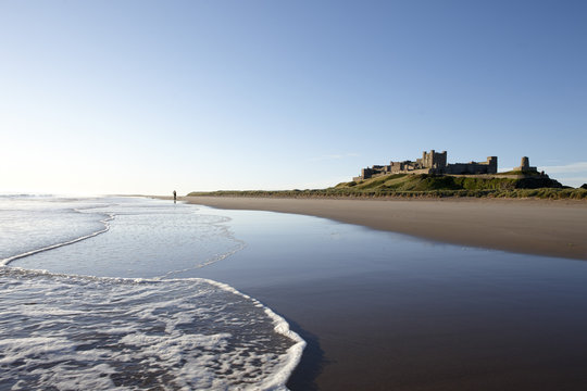 View of Bamburgh Castle near beach