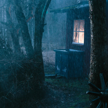 Small hut in rain