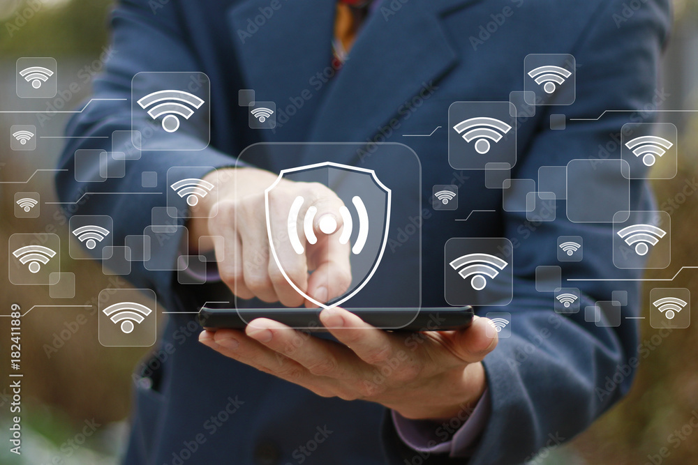 Poster businessman push button security shield protect virus wi fi network wifi sign.