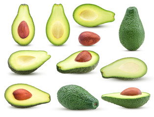 Collection avocado whole, one cut in half with bone