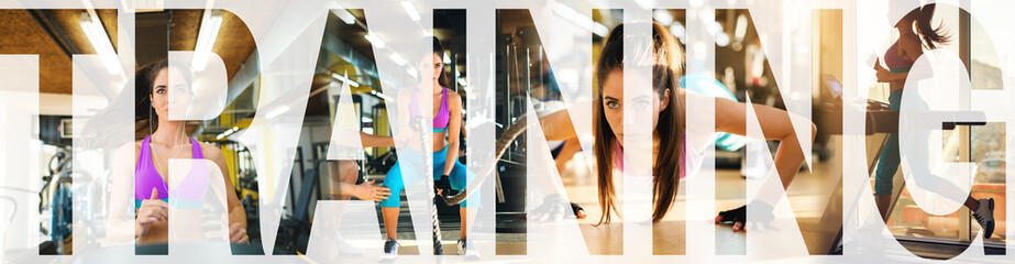 Collage training fitness, letters over the collage.