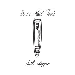 Basic nail tools, nail clipper, hand drawn doodle sketch with inscription, isolated vector illustration
