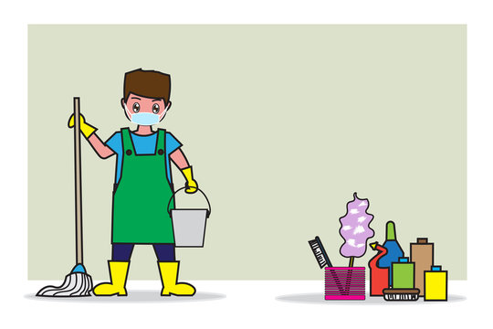 A man holding the mop and the water tank. Flat cartoon and background concept of cleaning business. Stock Vector | Adobe Stock A man holding the mop and the water tank. Flat cartoon and background concept of cleaning business. Stock Vector | Adobe Stock