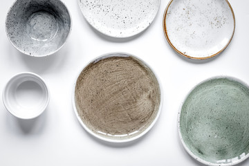 ceramic tableware top view on white background mock up