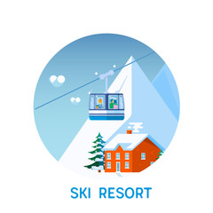 Ski resort in mountains, winter time, snow and fun.Flat vector illustration