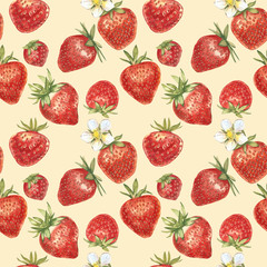 Watercolor seamless pattern with Strawberry leaves with flowers and ripe berries on white. Background design for natural cosmetics