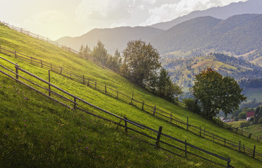 Countryside landscape with rustic wooden fences across green pastures in Magura village, Brasov county, Transylvania, Romania.