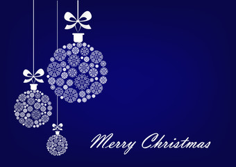 three white Christmas balls on the blue background, horizontal