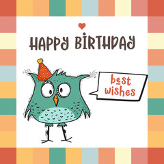 happy birthday card with funny doodle bird
