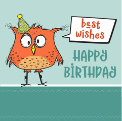happy birthday card with funny doodle bird