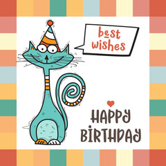 happy birthday card with funny doodle cat