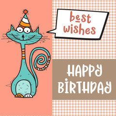 happy birthday card with funny doodle cat