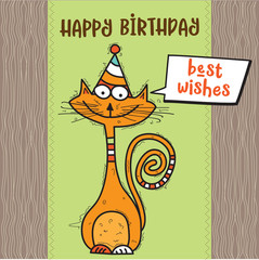happy birthday card with funny doodle cat