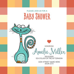 baby shower card template with funny doodle cat