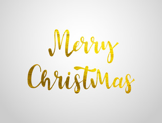 Merry Christmas hand drawn gold text font, type composition. Calligraphy lettering xmas greeting card, banner or poster design on white Illustration Vector background.