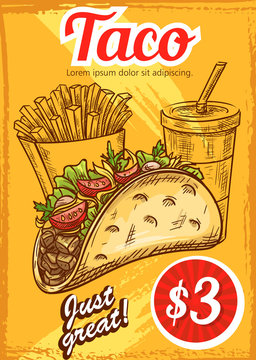 Fast food vector tacos fries coffee sketch menu