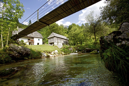Swing bridge over a river, Alpe-Adria-Trail, Trenta,  Slovenia