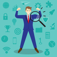 Magnifying Glass Enlarges Arm Of Businessman Among Icons