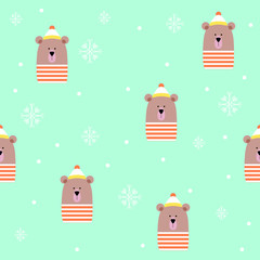 Cute Bear with Hat Scarf Winter Snowflakes Blue Seamless Pattern Vector Illustration