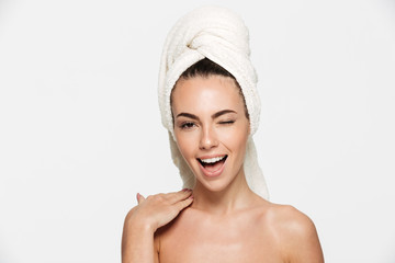Beauty portrait of a cheerful attractive half naked woman