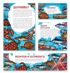 Vector seafood posters of sketch fresh fish