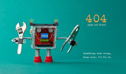 Page not found template for website. Robot toy repairman with pliers adjustable wrench, 404 error...
