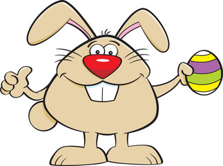 Cartoon illustration of the Easter bunny holding an Easter egg and giving thumbs up.