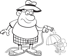 Black and white illustration of a man watering a flower with a garden hose.