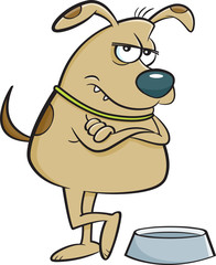 Cartoon illustration of a mad dog with an empty dog dish.