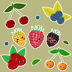 Fruit Sticker Collection.Collection of stickers from fruits in a white stroke, in a flat style.