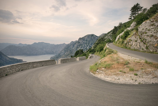 Hairpin bend to Locven National Park with view of Kotor, Bay of Kotor, Adriatic coastline, Montenegro, Western Balkan, Europe, UNESCO