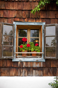 Window with geraniums of a wooden house, Styria, Austria