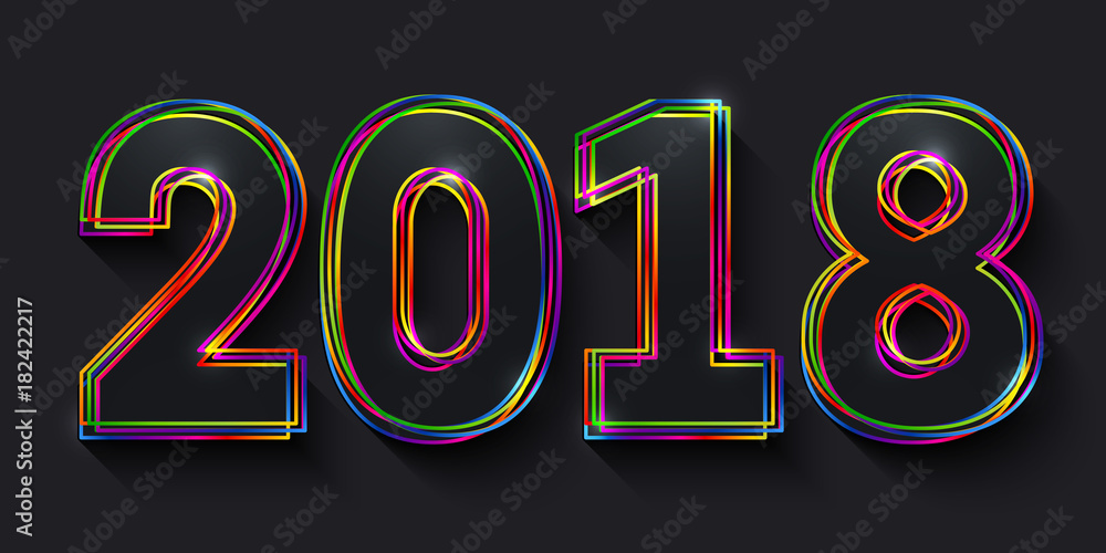 Poster Vector creative happy new year 2018  design consisting of black numbers with colorful multicolored outlines on black background