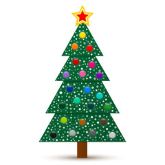 Vector abstract decorated Christmas tree with star, balls and snow isolated on white background
