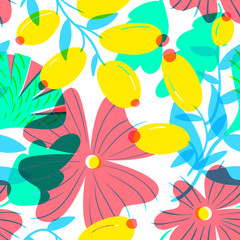 Fototapeta na wymiar Floral seamless pattern with tranparency elements. Background with abstract bright flowers.