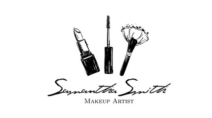 Makeup artist banner. Business card and logo concept. Beauty Set for make-up: lipstick, mascara brush, makeup brush. Logo vector template illustration